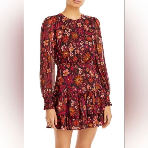 AQUA Metallic Floral Print long sleeve tier  Mini Dress size XL - Picture 1 of 7